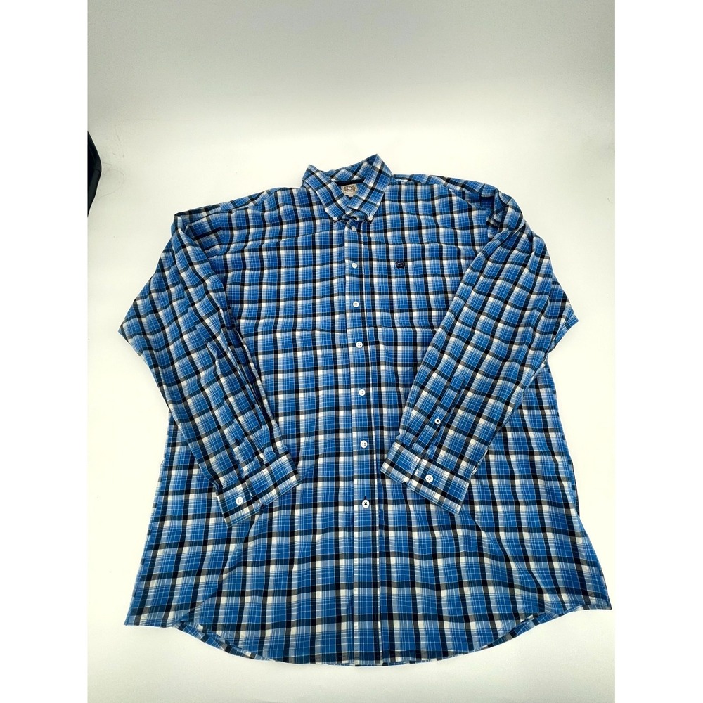 Cinch Shirt Mens Extra Large Blue Black Plaid Cotton Logo‎ Pleated Button Down